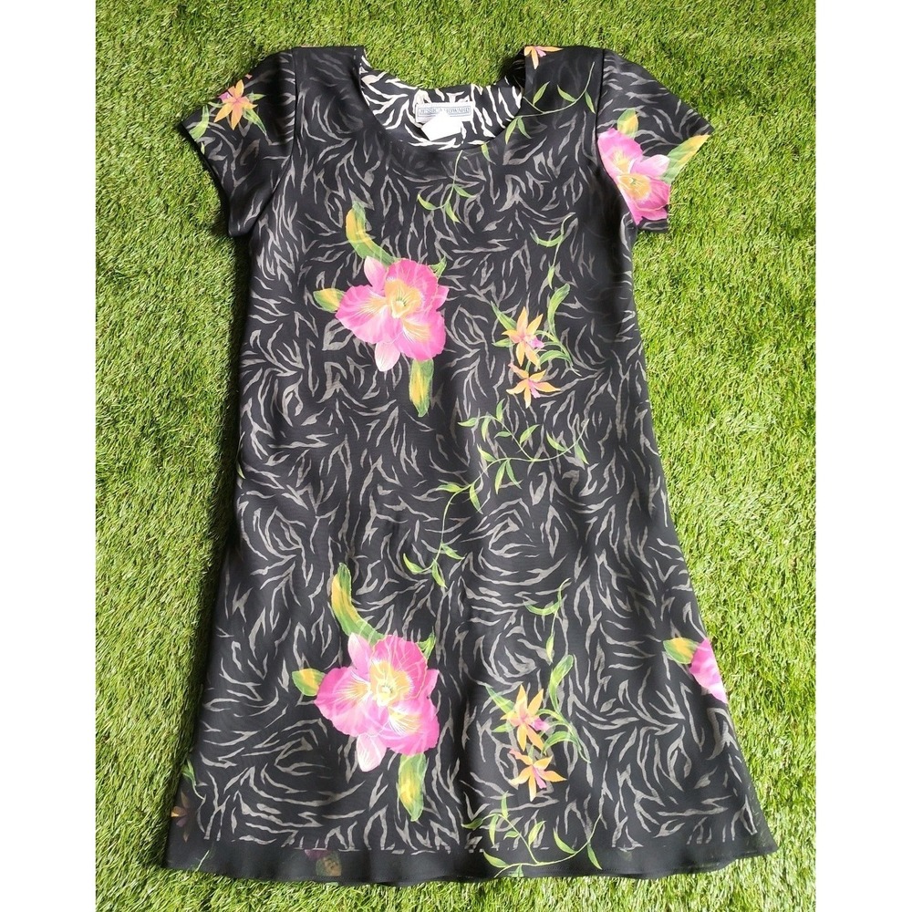 Jessica Howard Layered Dress Size 10 Floral Flowers Knee Length Shift Black